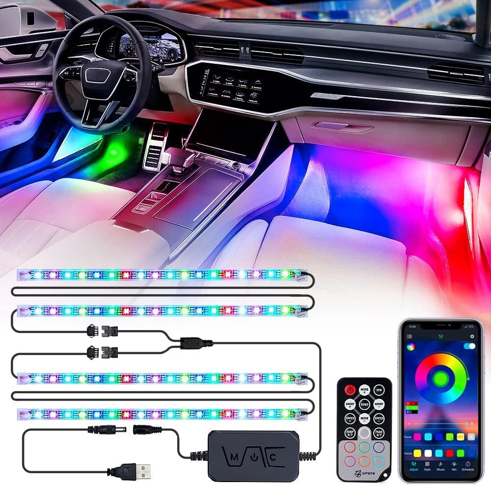 Xprite Dreamcolor USB LED Cars Interior Lights Strip Kits, w/Remote & Bluetooth APP Control, Footwell Under Dash RGB Neon Chasing Inside Lights, DIY Music Mode, Universal for Vehicle Trucks UTV ATV