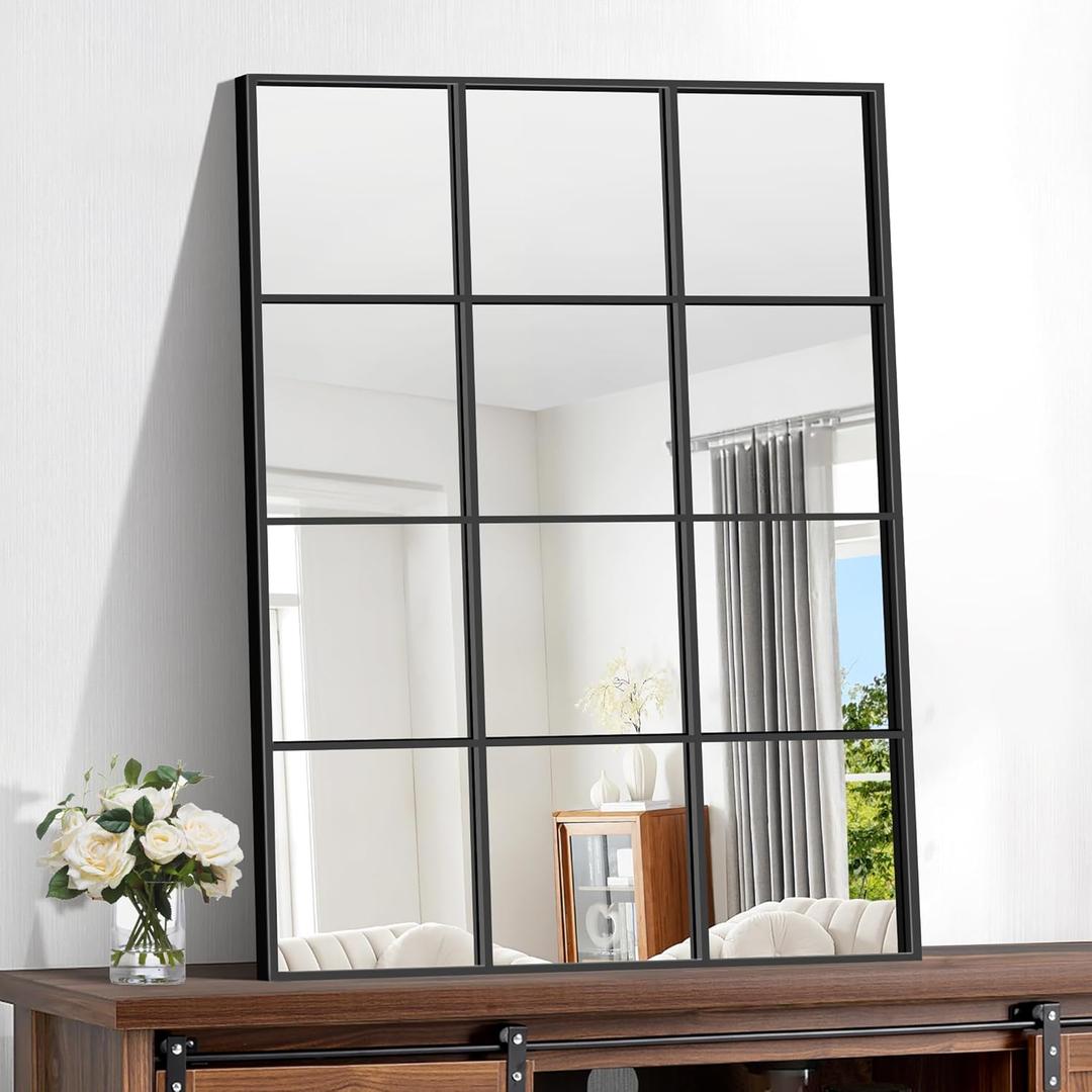 Rectangle Mirror, Window Mirror Wall Mounted, 30"40" Window Pane Mirror Wall Decor Metal Framed, Large Black Mirror for Bedroom Living Room Fireplace Entryway Hanging or Leaning Against Wall (30"L x 40"W)