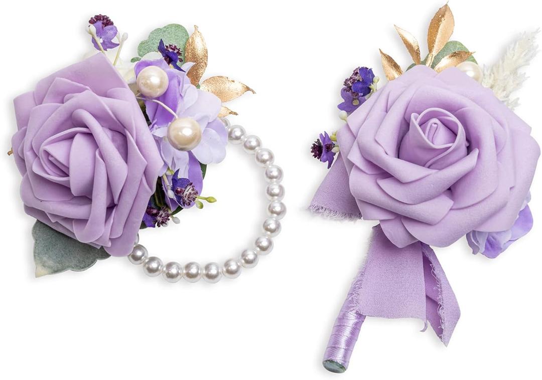 Vintage Violet Purple Wrist Corsage and Boutonniere Soft Touch Foam Rose for Wedding Prom Flower Anniversary Homecoming Event 1 Pairs S1&X1-Z