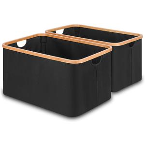 efluky Storage Baskets for Organizing, Fabric Storage Bins with Bamboo Handles, Collapsible Storage Baskets for Shelves and Closet (Black, 21.2'' x 14.5'' x 11.8'')