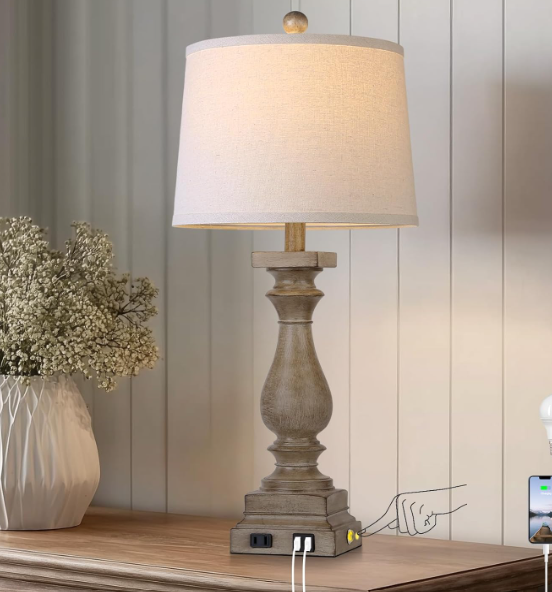 MOUVOVO 28" Tall Farmhouse Table Lamp with USB C+A Ports and AC Outlet, 3 Way Touch Control Rustic Bedside Lamp for Bedroom, Blue Vintage Nightstand Lamp for Living Room Office