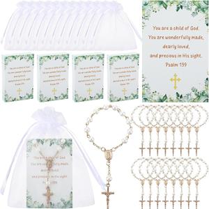 Quelay 50 Sets Baptism Favors Set Mini Rosaries Baptism Rosary Beads Faux Pearls with Cross Psalm Cards and Organza Bags Ivory Color Rosaries Greeting Cards for Baby Shower Christian Gifts