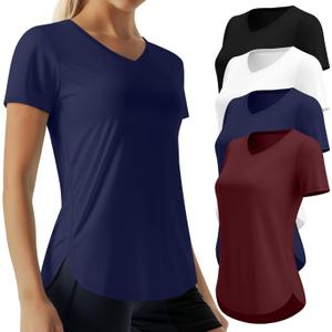4 Pack Women's Short Sleeve Workout T Shirt Side Slits Curved Hem V Neck Breathable Exercise Tops Quick Dry UV Tee (Large, Black, White, Navy Blue, Burgundy Red)