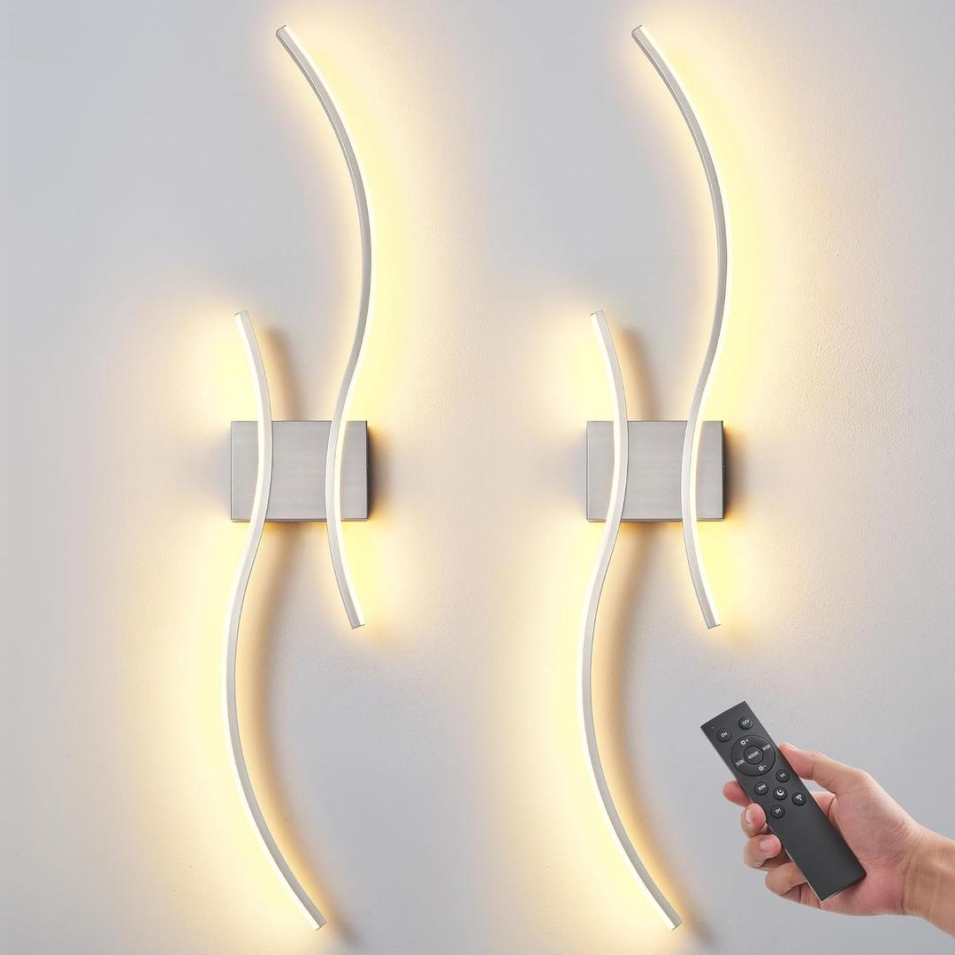 Battery Operated Wall Sconce Set of Two, Dimmable Modern LED Rechargeable Wall Light with Remote Control, Wall Decor for Living Room