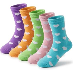 Girls Kids Socks Cotton Sock White Pink Crew Socks with Hearts, 5 Pairs Soft Breathable Child Sock for Valentine's Day