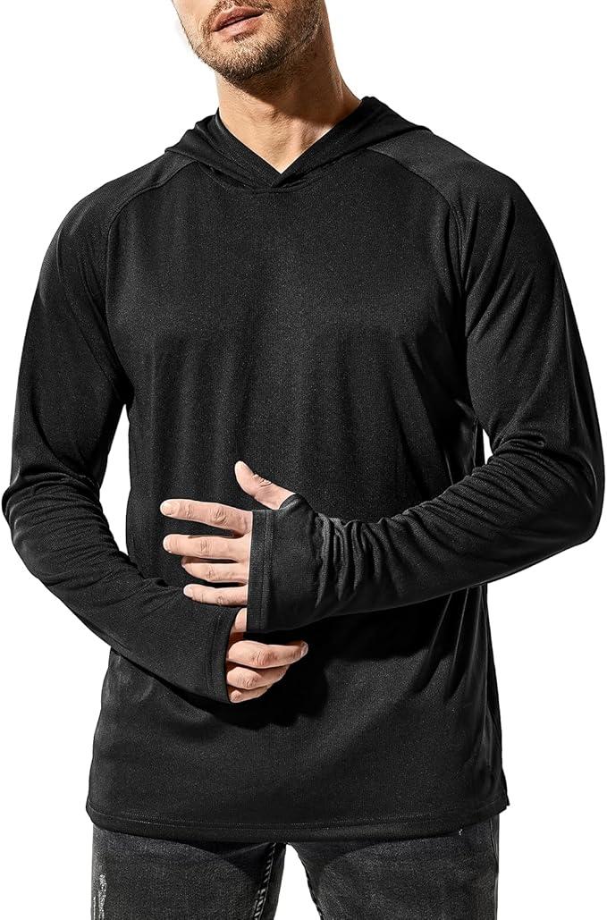 BANTREK Men Athletic Hoodies Long Sleeve Fishing Shirts UPF 50+ Sun Protection Dry Fit Wicking Hooded Running Shirts L