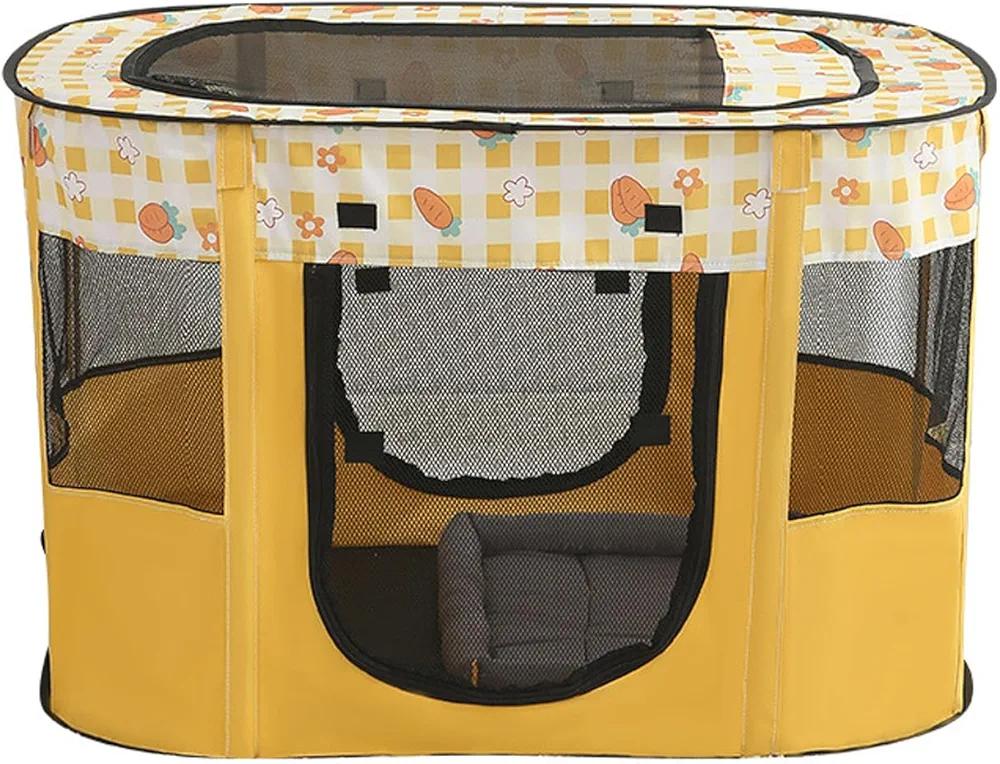 Portable Cat Cage, Pet Playpen, Indoor Foldable Dog/Cat Tent with Mesh Panels, Removable Cushion, Multiple Doors and Side Pockets, Cat Playpen (Yellow)