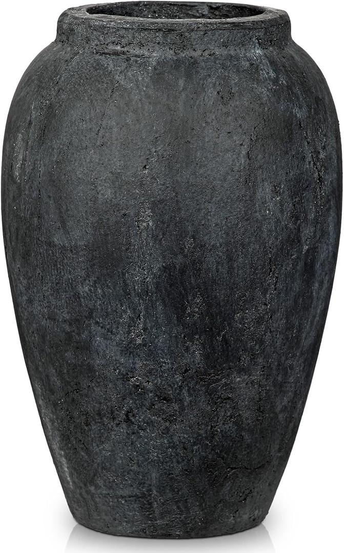 Handcrafted Flower Vase, 10.5" Tall Terracotta Vintage Black Ceramic Vases, Rustic Antique Vase Dcor, Wide Mouth, Matte Finish for Home Office Resto Caf Dcor