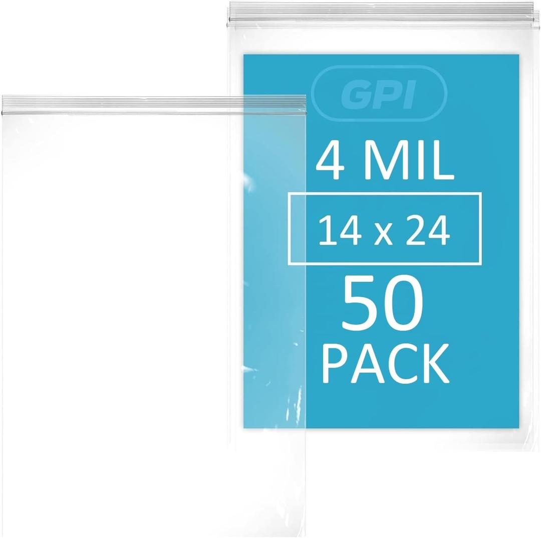 GPI - 14" X 24" Extra Large Reclosable Zip Bags - 4 Mil Heavy-Duty - Pack of 50 - Clear Plastic Zipper Lock Bags, Resealable Poly Baggies for Clothing, Tools, Travel, Storage & Packaging.