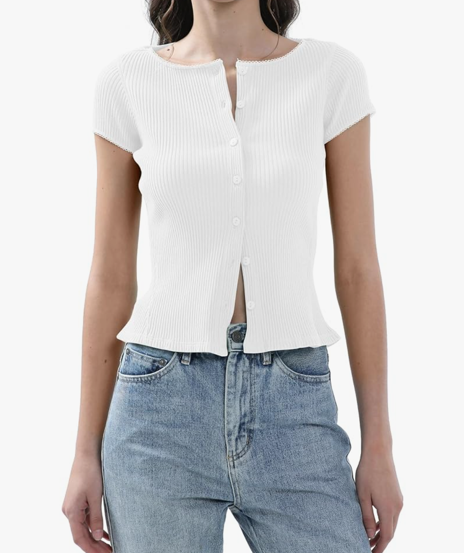 Ribbed Button Down T Shirts for Women Short Sleeve Going Out Tops Cropped Fitted Knit Blouses, Size M