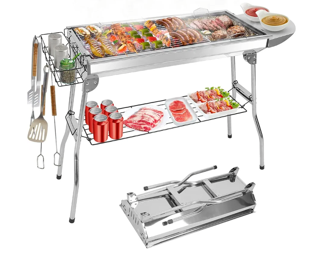 Portable Charcoal Grill, Large Stainless Steel Folding BBQ Grill, Foldable Barbecue Grill with Storage Shelf for Camping BBQ Garden Backyard Party Picnic Outdoor Cooking Kabob, 39x13.4x28 inch