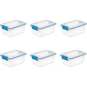 Sterilite 7.5 Qt Gasket Box, Stackable Storage Bin with Latching Lid and Tight Seal, Plastic Container to Organize Basement, Clear Base, Lid, 6-Pack