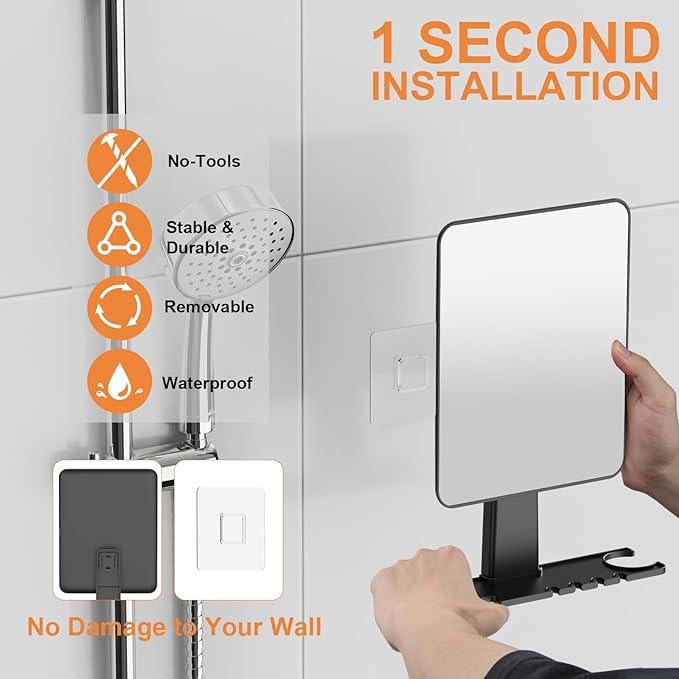 Jobsonslates Shower Mirror Fogless for Shaving, Fogless Mirror for Shower with Razor Holder, NODrilling & Removable, Shatterproof & Waterproof with 2 Adhesive Hooks