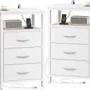 Huuger Nightstands Set of 2, 27.6 Inch End Tables with Charging Station, Bedside Tables with Drawers, PU Leather Finish, USB Port and Outlet, Night Stands for Bedroom, White, 11.8"D x 15.7"W x 27.6"H