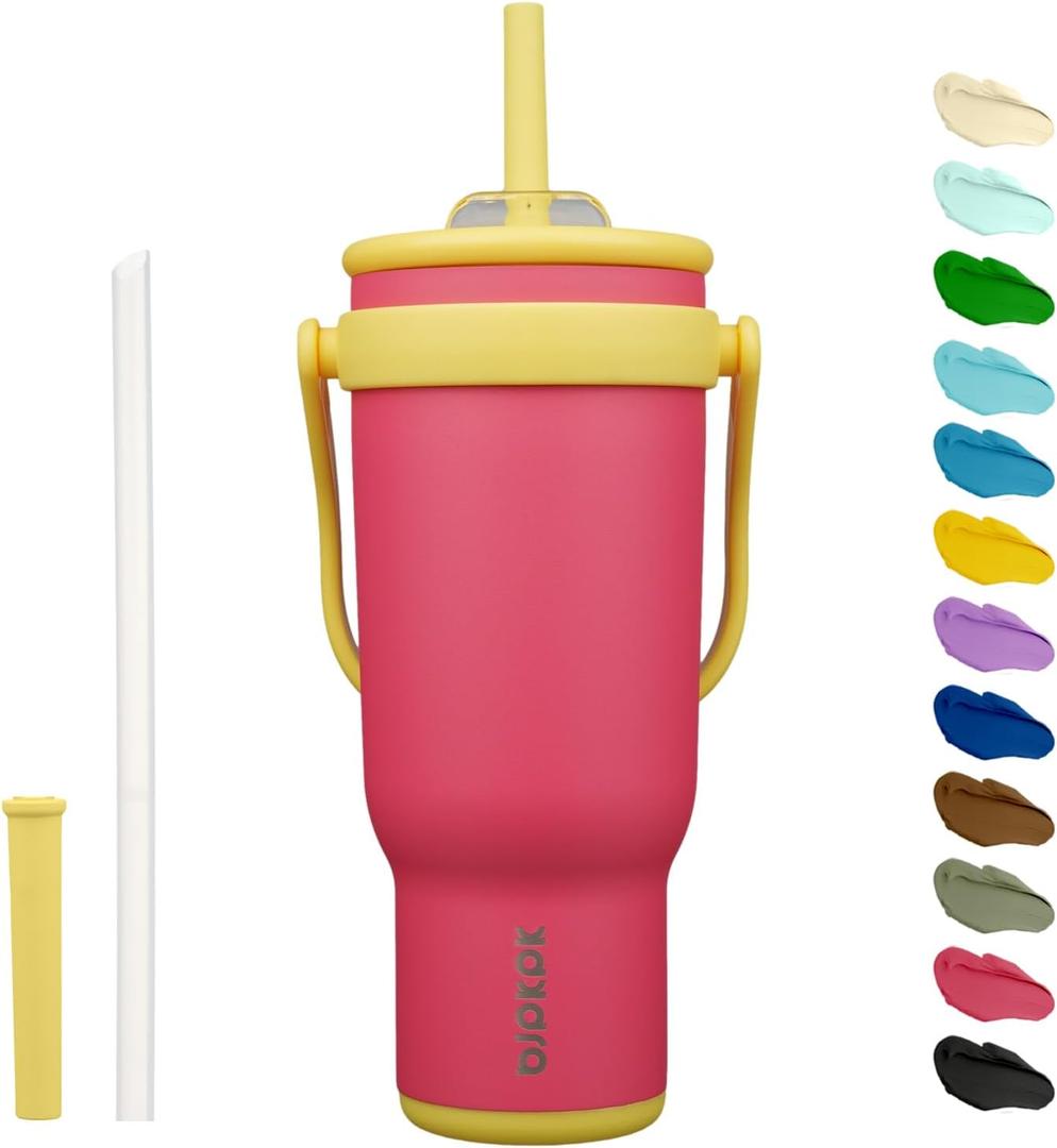 BJPKPK 40 OZ Insulated Travel Tumbler with Handle and Straw, Stainless Steel Water Bottle, Double Wall Vacuum Insulated Mug, for Work, Car, Travel, Rose Pink