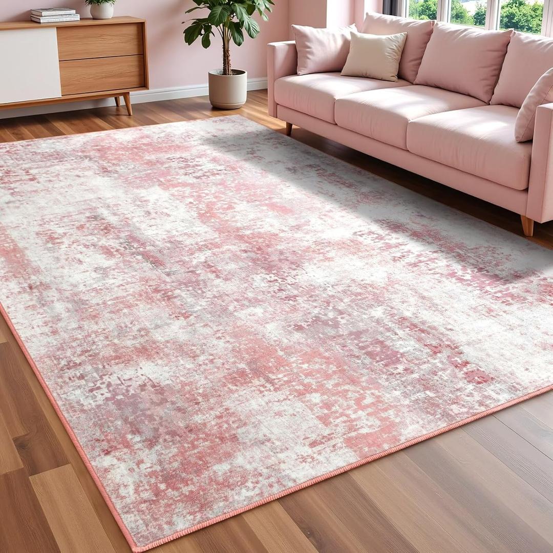 Washable Abstract Rug, 3x5 Modern Area Rugs with Non-Slip Rubber Backed for Bedroom, Thin but Soft Contemporary Carpet Kitchen Living Room Decor, Pink