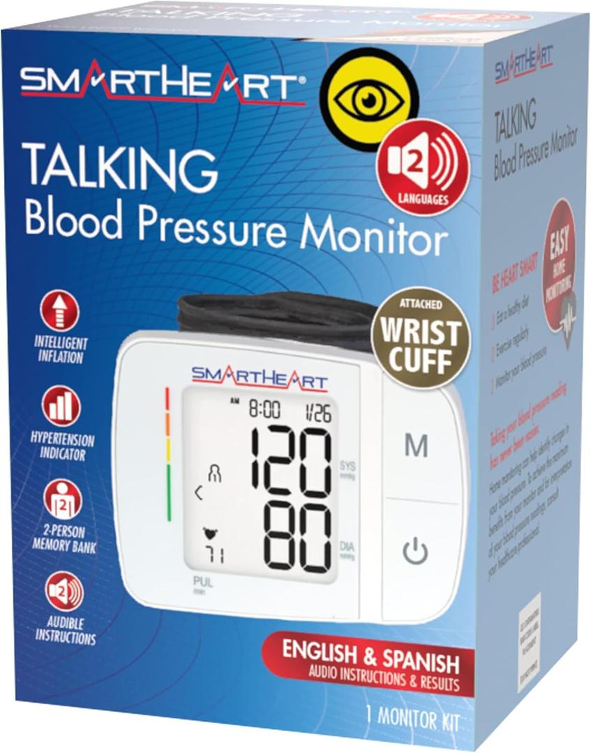 SmartHeart Blood Pressure Monitor | Adult Wrist Cuff | Audible English Spanish Instructions and Results for Visually Impaired | 2-Person Memory |