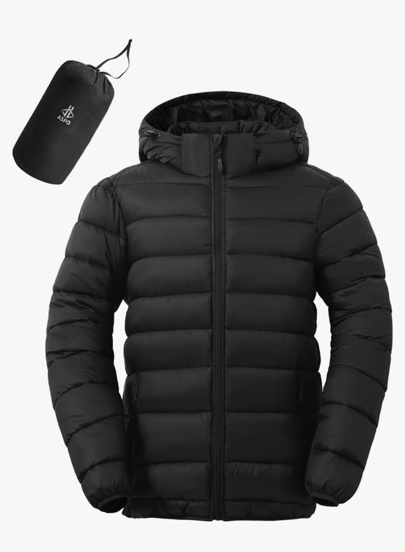 ASPO Men's Packable Puffer Jackets Winter Lightweight Detachable Hood Water-Resistant Down Coats Warm Insulated Hiking Travel, XL