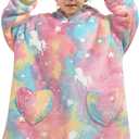 Wearable Blanket Hoodie for Kids Oversized Sherpa Blanket Hoodie for Kids Boys Girls Toddler 2-6YR, Rainbow Unicorns