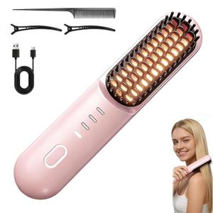 Go Brush Pro for Short Hair - 2026 Upgraded Cordless hair Straightening Brush, 4 Temperature Settings, Fast Heat, MCH Ceramic Care, 4000mAh Rechargeable Straightener for Frizz-Free Styling (pink)