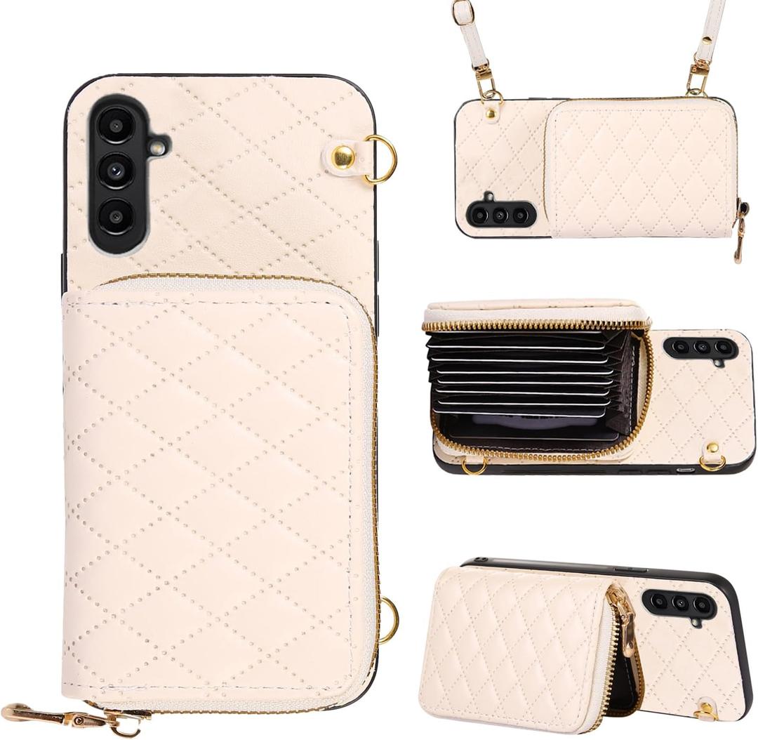 Compatible with Samsung Galaxy S25 5G Zipper Wallet Case with Crossbody Shoulder Strap Flip Purse Card Slots, Luxury PU Leather Card Holder Stand Cell Phone Cover for S 25 25S G5 Women White (Beige)
