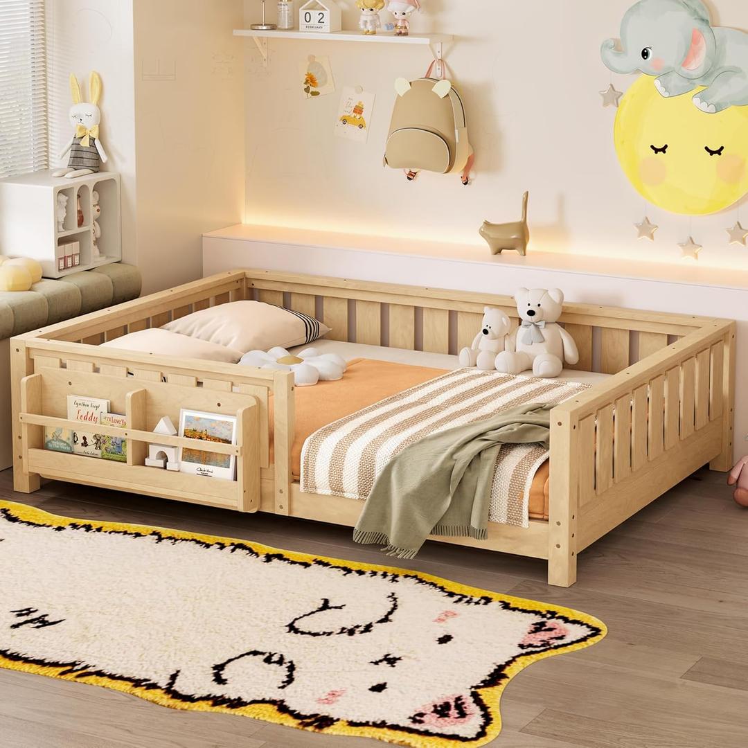 Bellemave Light Natural Montessori Floor Bed with Fence and Slats, Full Size Montessori Floor Bed with Bookcase and High Rails, Easy Assemble Bed Frame for Girls, Boys, Full