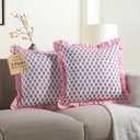 CPC Pink Sapphire Ruffle Throw Pillow Covers for Couch, 24x24 Inch Cotton Stripe Ruffle Couch Pillows for Living Room, Hidden 20 Inch Zipper Boho Pillow Case or Cute Outdoor Pillows