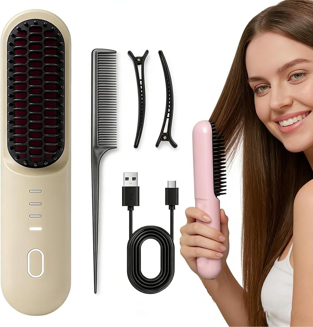 Go Pro Hair Brush for Hair, Hair Straightener Brush & Thick Curly Hair,4000mAh Cordless 2026 Go Brush Pro, 30s Rapid Heating, 4 Temp Settings (140-200C), Ionic Comb (Beige)