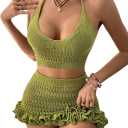 SHENHE Women's Swimsuit Cover Up Set 2 Piece Crochet Crop Halter Tops Ruffle Skirt Beach Outfits Green Small