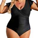 Blooming Jelly Women's Plus Size Swimsuit One Piece Tummy Control Bathing Suit V Neck Ruched Modest Swimwear (Large, Black)