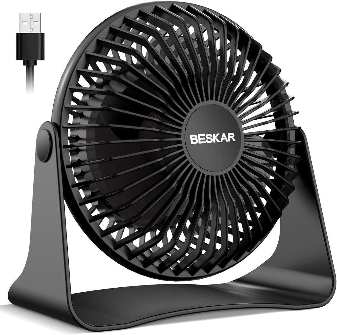 BESKAR USB Small Desk Fan, Portable Fans with 3 Speeds Strong Airflow, Quiet Operation and 360Rotate, Personal Table Fan for Home, Office, Bedroom - 3.9 ft Cord (Black)