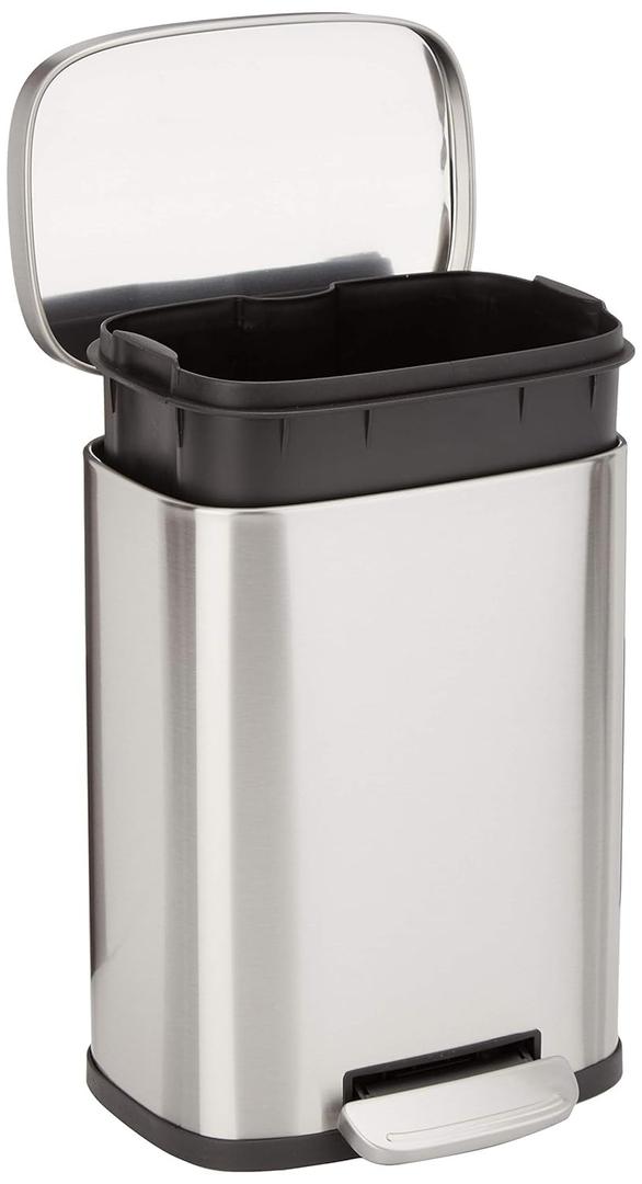 Amazon Basics MINI Trash Can, 1.32 Gallon (5L) Smudge Resistant Rectangular Bin with Soft-Close Lid, Step Foot Pedal, Removable Inner Bucket, Brushed Stainless Steel, for Bathroom, Satin Nickel Finish
