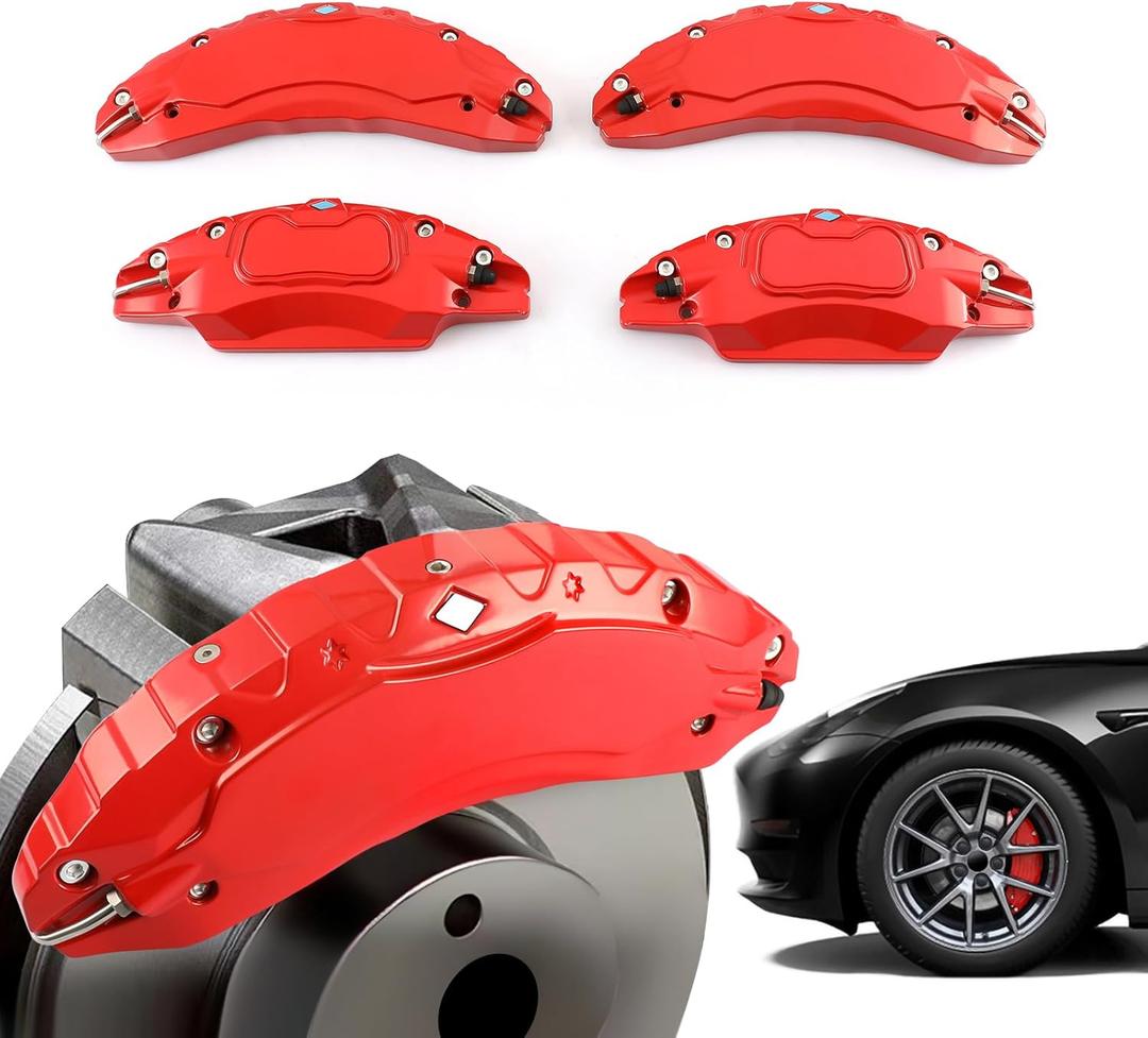Caliper Covers Set of 4 Compatible with 2024 Tesla Model 3 Highland Accessories, 18 19 Inch Wheel Hub Front and Rear Brake Red Caliper Covers (Only Fit 2024 Tesla Model 3 Highland)