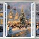 WOOHOOROO Peel and Stick Christmas Tree and Village Fake Window Sticker, Removable Snowman Festive Scene Decal,3D Self-Adhesive Holiday Wall Decor,32" x 48"