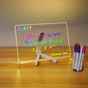 Acrylic Dry Erase Board with Light 11.8 X 7.9” Clear Light up Dry Erase Board with Stand Desktop Glow Memo LED Letter Rewritable Message Board White Board LED Note Board with 7 Color Markers