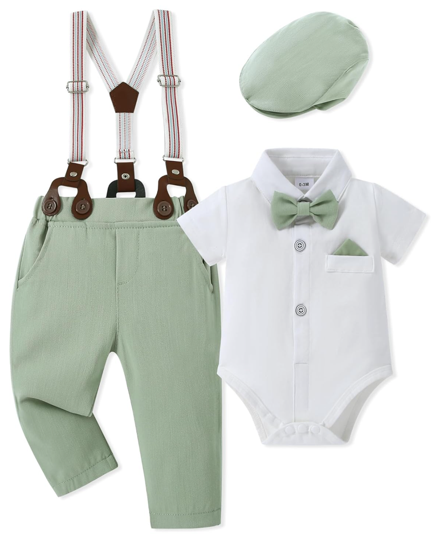 WESIDOM Baby Boy Clothes Suit 0-24M Infant Gentleman Wedding Outfit, Shirt+Bowtie+Beret+Suspender Pants Clothing Set  12-18 M