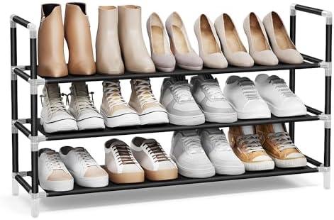 SONGMICS 3-Tier Shoe Rack, Shoe Storage for Hallway Closet, Slim and Space-Saving, Metal Frame, Non-Woven Fabric Shelves, Black ULSH053B01