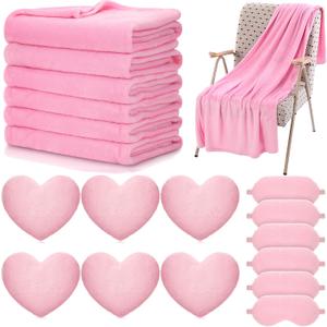 18 Pcs Kids Sleepover Party Supplies Set for Girls Fleece Soft Blankets Fluffy Heart Throw Pillow Plush Sleep Eye Mask for Spa Camping Birthday Favors(Light Pink) (12  11inch)