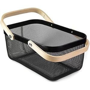 MACOIOR Portable Garden Harvest Basket-Mesh Design Natural Bamboo Handle Wire Storage Baskets,Mesh Basket with Handle Organize Items Reduce Space Occupation,Suitable for Kitchen,Garden,Picnic(Black)