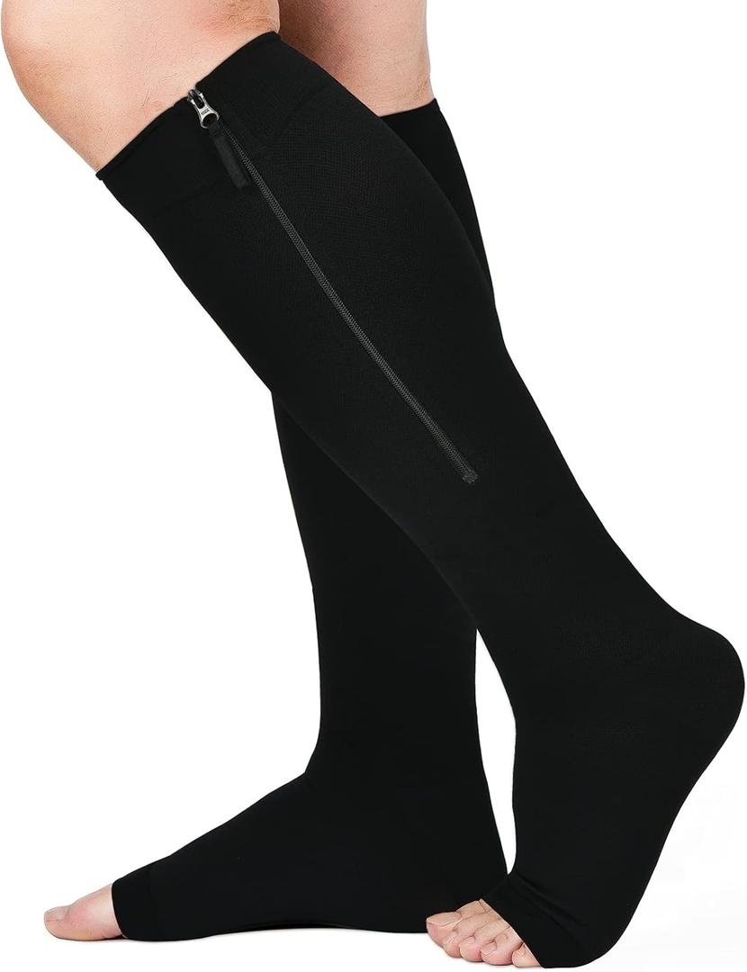 Zipper Compression Socks 20-30mmHg, Open Toe Compression Socks with Wide Calf