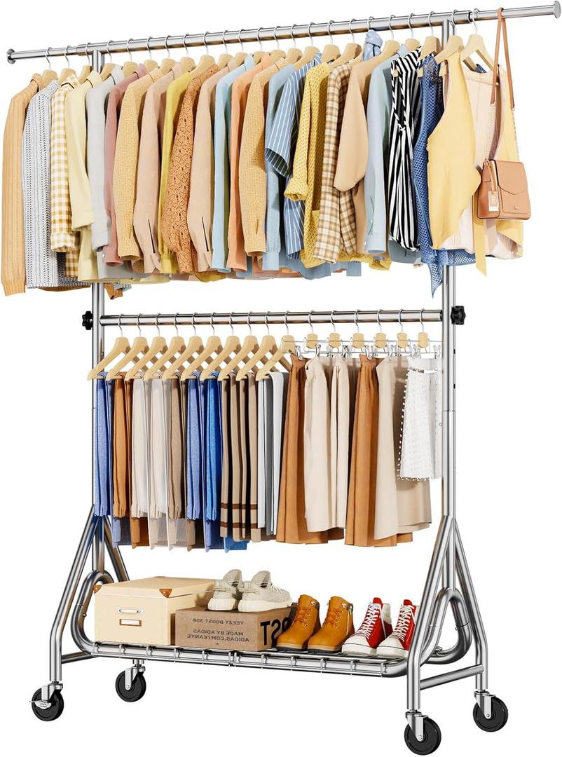 Double Rods Clothing Rack, Rolling Clothes Rack for Hanging Clothes, Metal Garment Rack on Wheels, Adjustable, Easy to Assemble, Silver