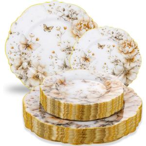 WDF 20Pack Floral Plates Disposable - Fancy Baroque Butterfly Plates - 10" and 7" Floral Plastic Tableware Decor Suitable for Spring Garden Party/Tea Party/Birthday (Yellow)