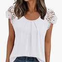 AUTOMET Womens Lace Tops Pleated Short Sleeve Shirts Summer Business Casual Dressy Blouses, White, Size M