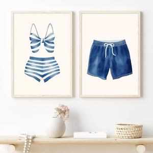 Taedfalesy Vintage Swimsuit Wall Art Bathing Suit Artwork Navy Blue White Canvas Swimwear Wall Art Vintage Swim Print Coastal Beach Painting 16x24inx2 No Frame (16L" x 24W")