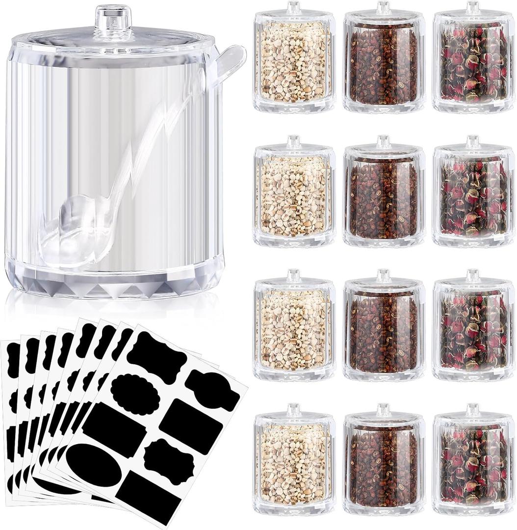 Tioncy 12 Pcs Ice Cream Bar Supplies Sugar Bowls with Lid and Spoon Acrylic Candy Dispenser Party Bar Hot Cocoa Sundae Caramel Apple Dipping Container with Tag (8 oz,Clear)