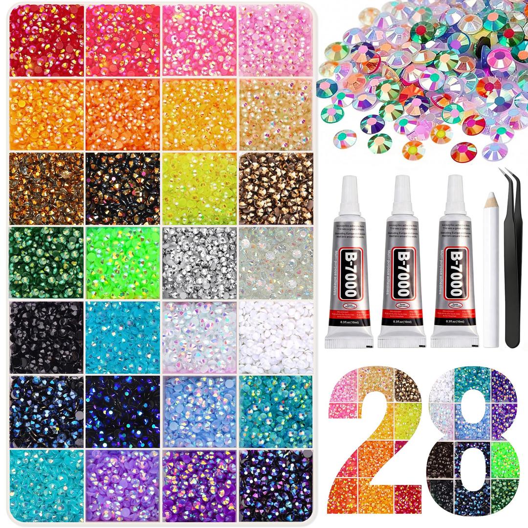 Artdone 34000Pcs Resin Rhinestones 3mm Jelly AB 28Colors for Bedazzling Glitter Kit DIY, Multicolor Crystal Diamond Pearls with 3Pcs 10ml B7000 Jewelry Glue for Bedazzled Nail Art Supplies Decoration