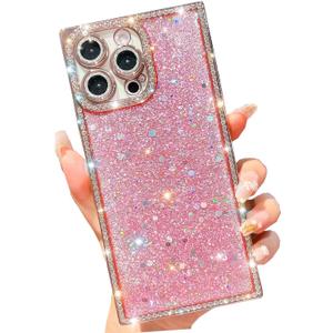 Cute Glitter Compatiable with iPhone 16 Pro Max Case,Luxury Rectangle Bling Sequin Rhinestone Cover,Slim Soft Electroplated Shockproof Protective Shinny Phone Cover for Women Girls(Pink)