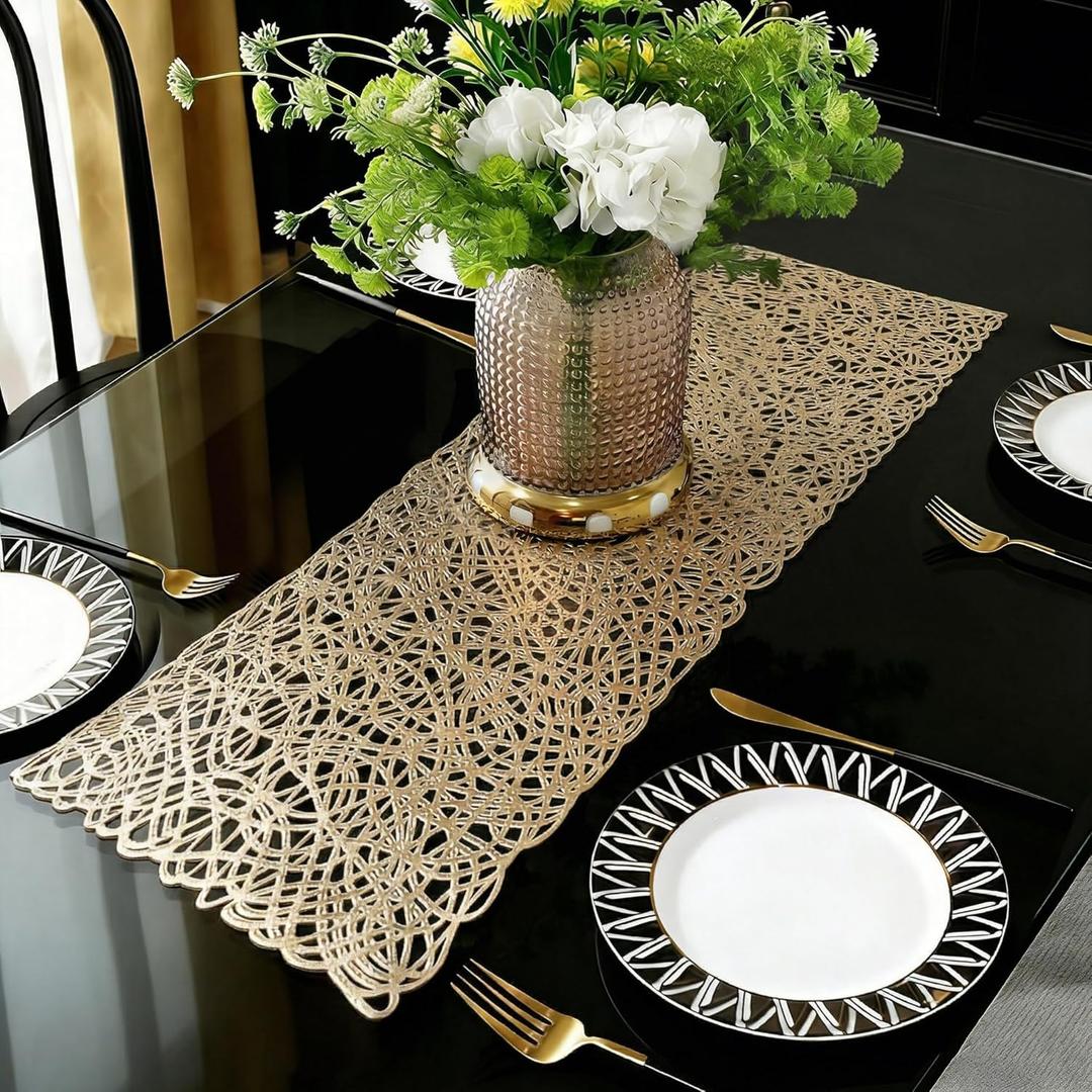 FAVE Gold Table Runners 36 Inches Heat Resistant Table Runner Short Table Runner Washable Table Mats Fall Table Runners for Wedding, Banquets, Birthday, Party, Restaurant (Line Pattern)