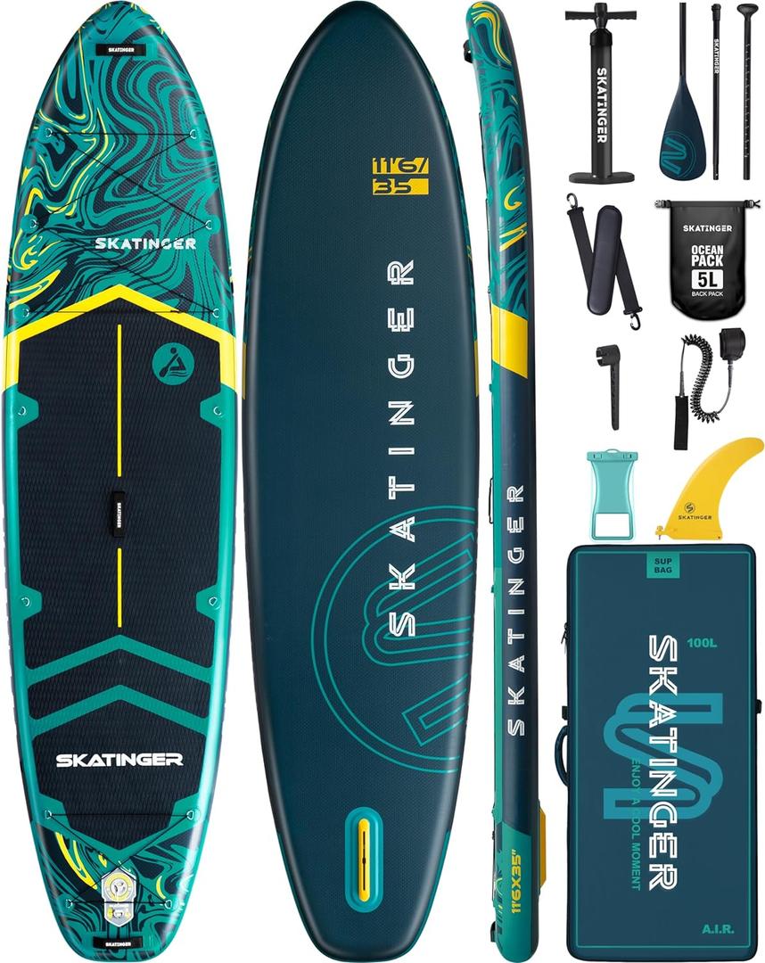 Skatinger 11'635" Super Wide Inflatable Paddle Board, Ultra Stable Stand Up Paddleboards for 450lb/3 People/Family/Big Size w/Shoulder Strap, 100L Backpack, All-Round Sup Board, US Fin