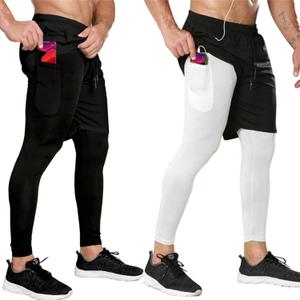 OEBLD Mens 2 in 1 Athletic Running Pants Quick Dry Gym Workout Shorts for Men Compression Pants with Pockets (X-Large, Black/White)